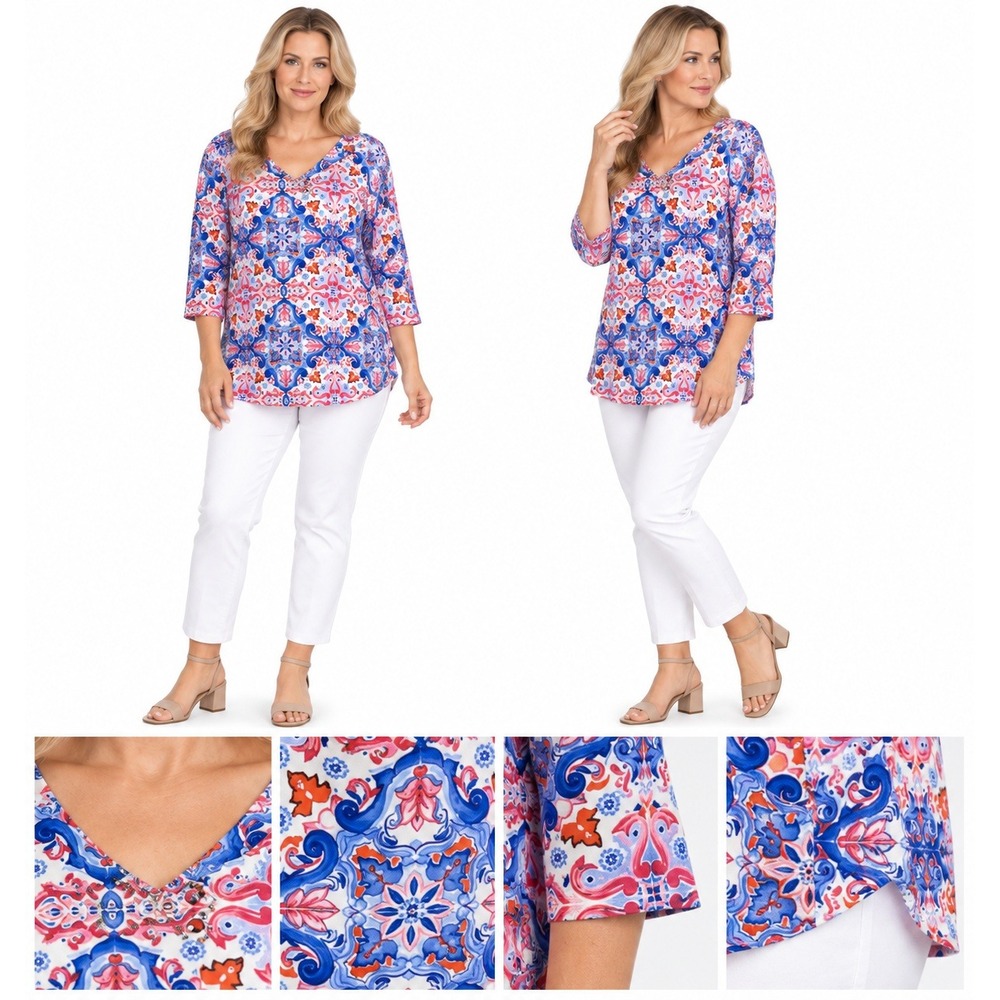 Ruby Rd Top 2X Paisley Embellished V Neck 3/4 Sleeve Boho Colorful Tunic Artsy